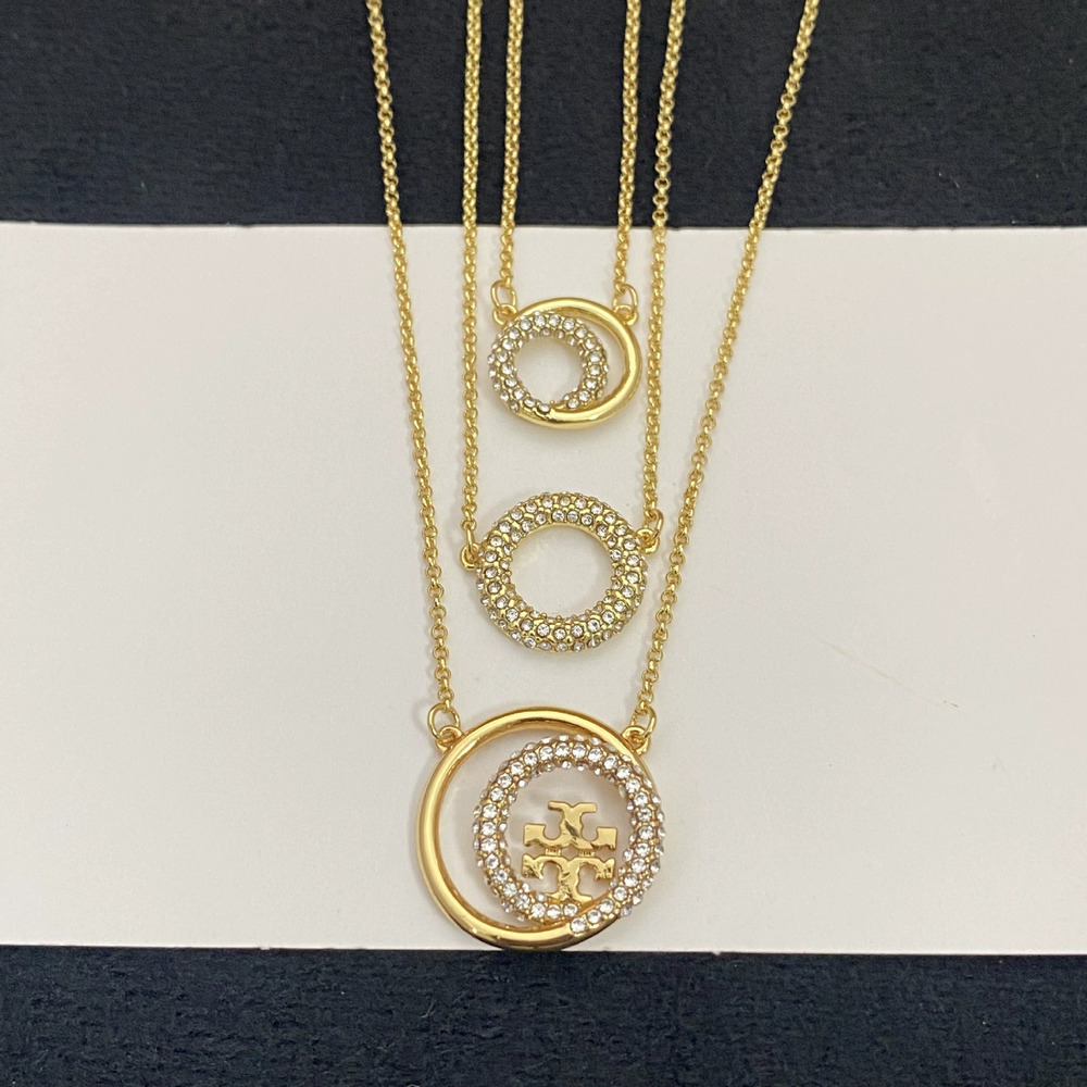 Tory Burch Full Diamond Round Pendant Double Layer Metal Necklace